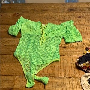 Neon green lace off shoulder bodysuit